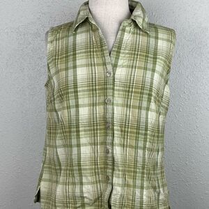 Pre-Owed Lemon Grass Studio Womens Green Plaid Short Sleeve Button Down Size L